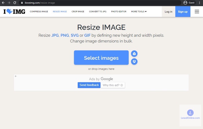 Di barisan menu, klik Resize Image. Pilih Select Images untuk mengunggah foto