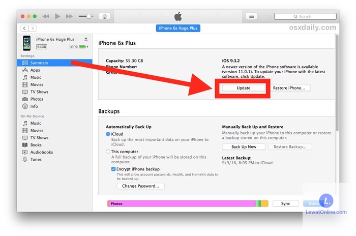 Kemudian cari menu update pada bagian summary, nantinya iTunes akan memulai proses untuk mengunduh sistem operasi tersebut