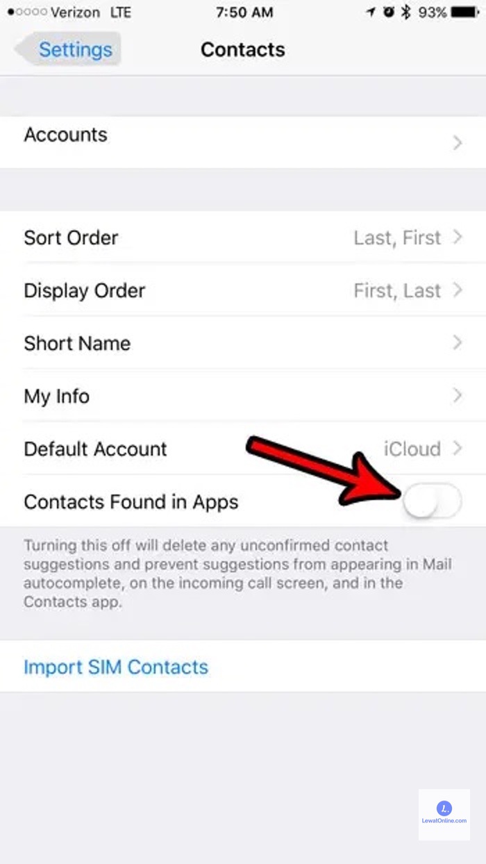 Kemudian geser pada bagian menu contacts found in app menjadi posisi off