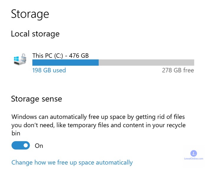 Selanjutnya, aktifkan Storage Sense sehingga file sampah akan terhapus otomatis
