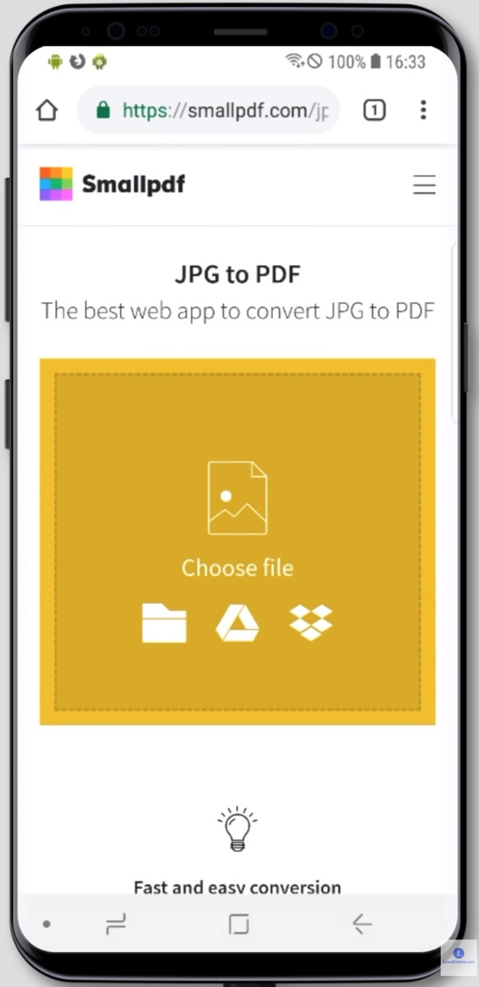Tap pada Choose Files, kemudian unggah dokumen dari sumber pilihan Memori internal, Google Drive, atau Dropbox