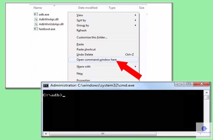 Di folder ADB Fastboot klik kanan tekan Open Command Windows Here. Lalu akan muncul Command Prompt