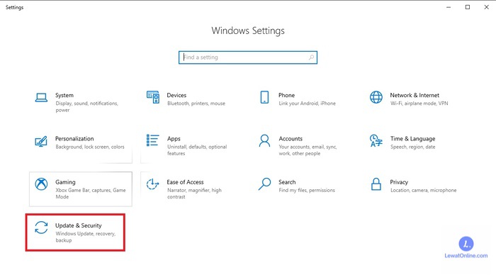 Buka menu settings pada laptop pc, kemudian pilih menu Update Security